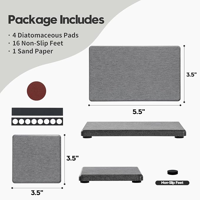 4PCS Water Absorbing Sponge Holder Diatomite Stone Sink Tray Mat, Quick Drying Kitchen & Bathroom Counter Tray Vanity Caddy, Diatomaceous Earth Dish Soap Dispenser Organizer, Dark Gray
