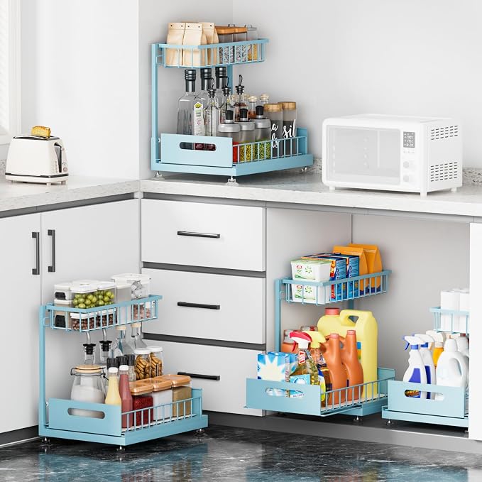 Saydear 2-Pack L-Shaped Under Sink Organizer, 2-Tier Pull-out Cabinet Rack | Teal Height-Adjustable Steel Rack, Sliding Grid Drawers with PP Liners, Holds 100 Lbs, Suction Base, Ideal Kitchen Storage