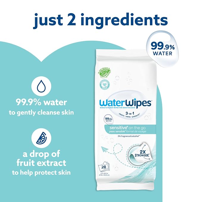 WaterWipes Sensitive+ On The Go Wipes, 3-In-1 Cleans, Cares, Protects, 99.9% Water, Unscented & Hypoallergenic Wet Wipes, 28 Count (Pack of 1)