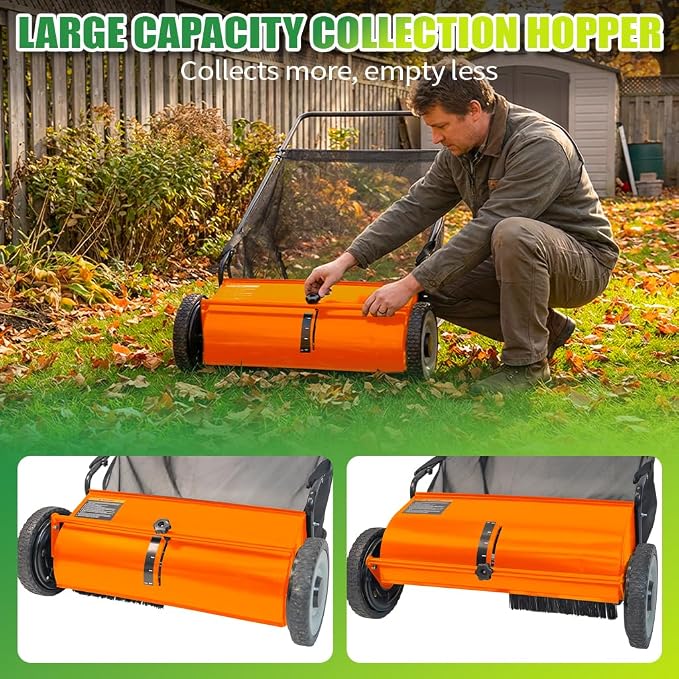 PPOLB 26" Push Lawn Sweeper, 7 cu.ft Large Capacity Yard Sweeper Push, 5:1 High-Density 4 Brushes, Adjustable Height, Heavy Duty Leaf Collector with Detachable Hopper, Rubber Wheels, Ergonomic Handle