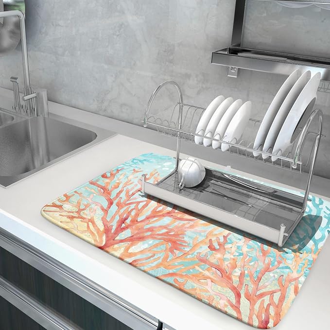 Giwawa Coastal Coral Dish Drying Mat Beach Ocean Drainer Rack Mat 18x24 Inch Microfiber Absorbent Reversible Dish Dry Pad for Kitchen Counter Sink
