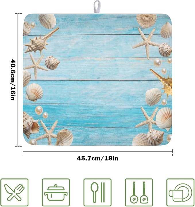 Summer Coastal Dish Drying Mat for Kitchen Counter Seashell Starfish Blue Wooden Board Microfiber Dish Drainer Mat Ocean Nautical Absorbent Washable Drying Pad Extra Large 16"x18"