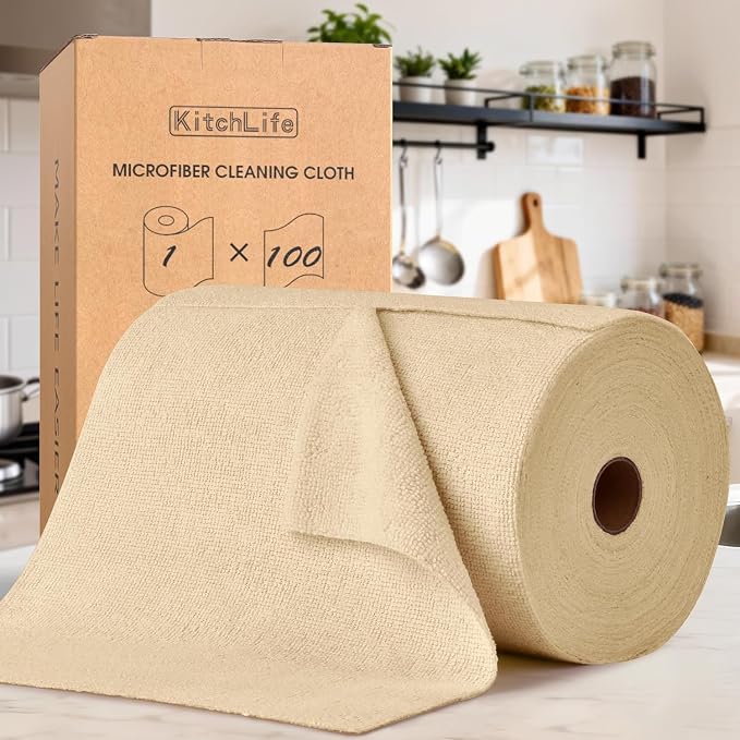 KitchLife Microfiber Cleaning Cloth Roll, 100 Pack - Tear-Away Microfiber Paper Towels, Lint-Free, Reusable, Washable for Kitchen, Car, Dishes, and Sensitive Surfaces (Wheat)