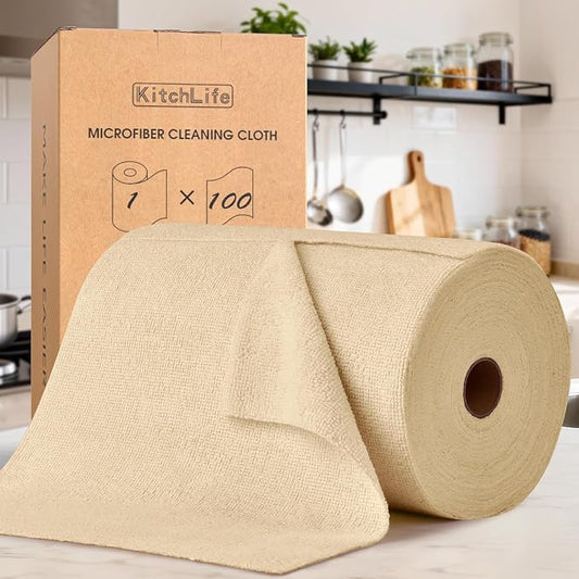 KitchLife Microfiber Cleaning Cloth Roll, 100 Pack - Tear-Away Microfiber Paper Towels, Lint-Free, Reusable, Washable for Kitchen, Car, Dishes, and Sensitive Surfaces (Wheat)