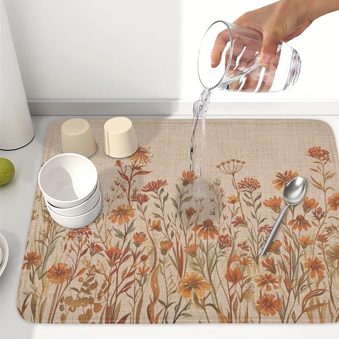 Fall Floral Dish Drying Mat for Kitchen Counter 18 x 24 Inch Autumn Sunflower Dish Drainer Mat Absorbent Microfiber Thanksgiving Dish Rack Pad for Coffee Dining Bar Kitchen Decor