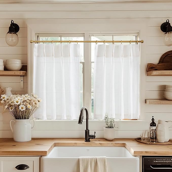 jinchan Linen Pinch Pleated Back Tab Tier Curtains, 26x36, 2 Panels, White | Light filtering,small window treatment,cafe curtains,machine washable,farmhouse,kitchen,bathrooms,laundry