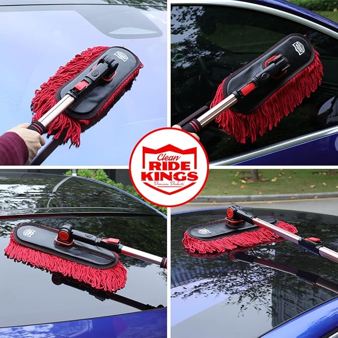 Exterior Car Duster & Brush Kit - Loop End, Red Brush | Telescoping wax cotton auto mop traps pollen scratch-free. Combo with inside detailing tools & bag. Ideal gift for SUV, RV.