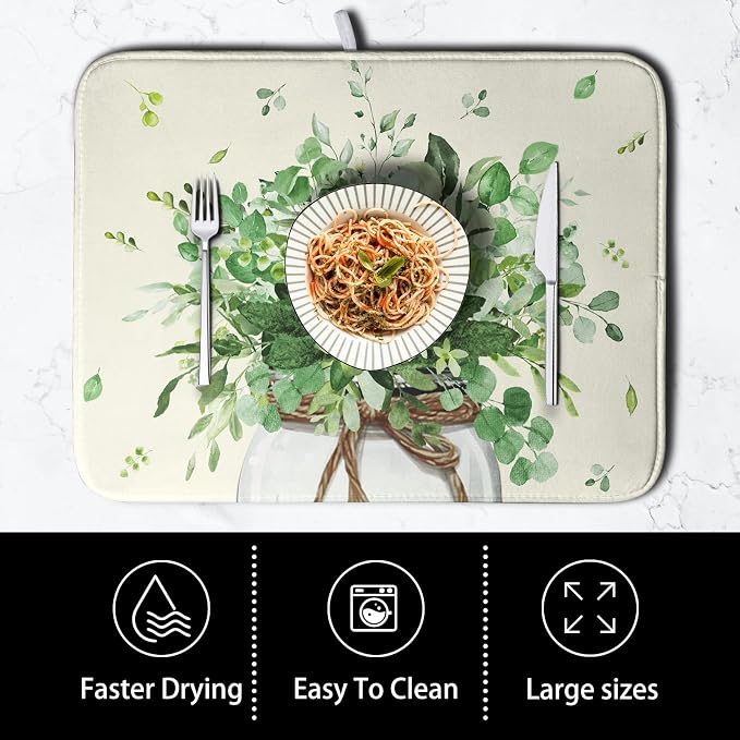 Spring Sage Green Leaves Dish Drying Mat for Kitchen Counter Eucalyptus Leaf Floral Mason Jar Dishes Drainer Mats Absorbent Microfiber Dish Draining Mat Reversible Dish Pad 16x18 Inch