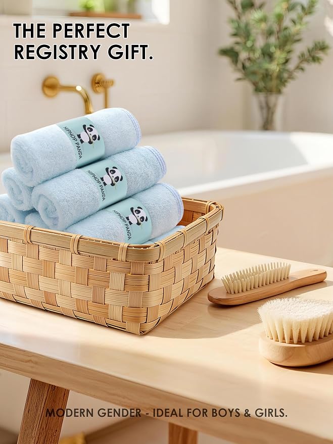 HIPHOP PANDA Baby Washcloths, Rayon Made from Bamboo - 2 Layer Ultra Soft Absorbent Newborn Bath Face Towel - Reusable Baby Wipes for Delicate Skin - Blue, 6 Pack