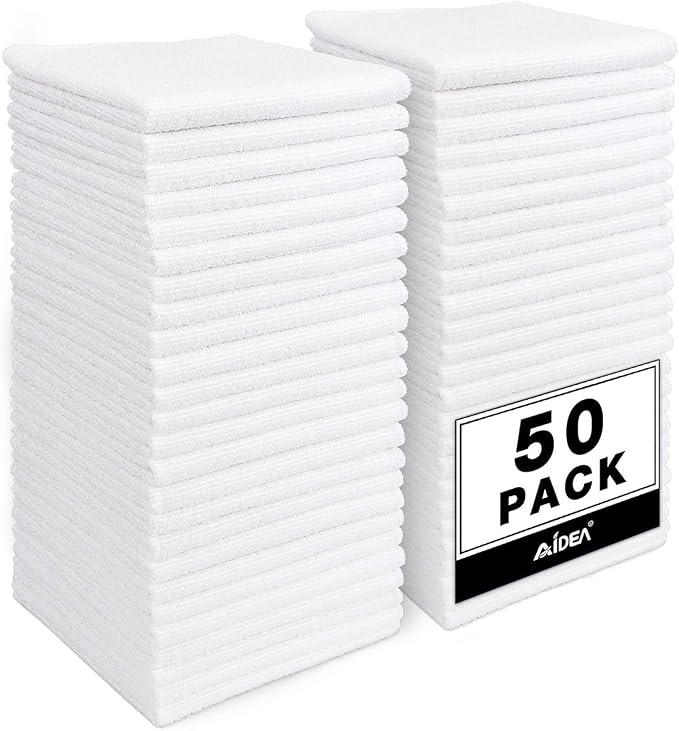 AIDEA Microfiber Cleaning Cloth White, 50PK, Cleaning Rags 11.5"x 11.5" | Microfiber Towels for Cars, Kitchen Towels Lint Free Cloth, Wash Cloths, Whte Shop Towels, Dish Rags for Home, Kitchen