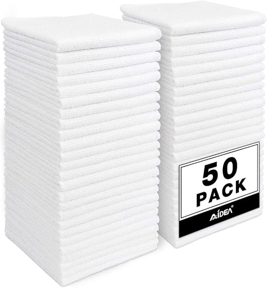 AIDEA Microfiber Cleaning Cloth White, 50PK, Cleaning Rags 11.5"x 11.5" | Microfiber Towels for Cars, Kitchen Towels Lint Free Cloth, Wash Cloths, Whte Shop Towels, Dish Rags for Home, Kitchen