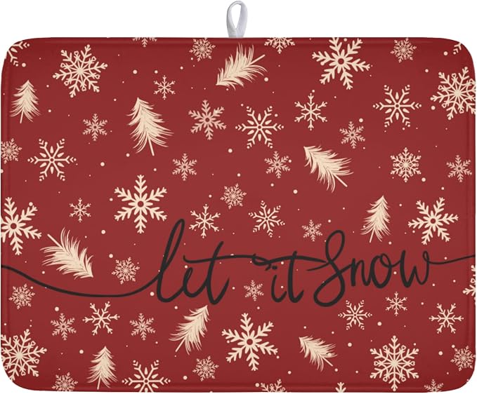 Christmas Snowflake Dish Drying Mat for Kitchen Counter 18x24 Inch | Red Xmas Theme Snowflakes Trees Snowy Dish Drainer Mat Rustic Winter Holiday Absorbent Washable Drying Pad
