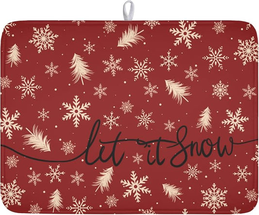 Christmas Snowflake Dish Drying Mat for Kitchen Counter 18x24 Inch | Red Xmas Theme Snowflakes Trees Snowy Dish Drainer Mat Rustic Winter Holiday Absorbent Washable Drying Pad