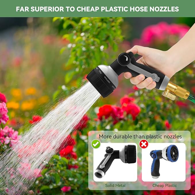 Garden Hose Nozzle Heavy Duty,Metal Water Hose Nozzle with 10 Adjustable Spray Patterns, High Pressure Hose Sprayer Nozzle Thumb Control On Off Valve for Lawn & Plant Watering, Car & Pet Washing
