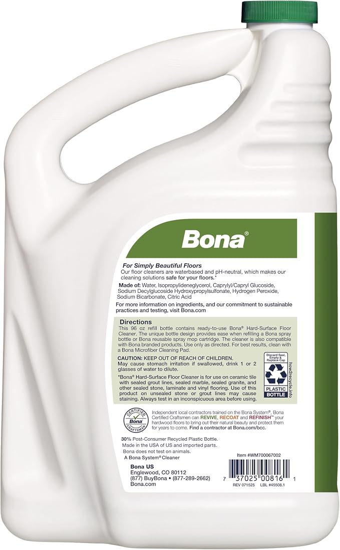 Bona Multi-Surface Floor Cleaner Refill - 96 fl oz - Unscented | Refill Spray Mops and Spray Bottles - Residue-Free Floor Cleaning Solution for Stone, Tile, Laminate, and Vinyl Floors