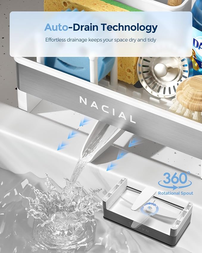 Nacial Sponge Holder for Kitchen Sink, Sink Caddy Organizer with High Brush Holder & Two Towel Racks - Rustproof 304 Stainless Steel Kitchen Countertop Storage Essentials - White