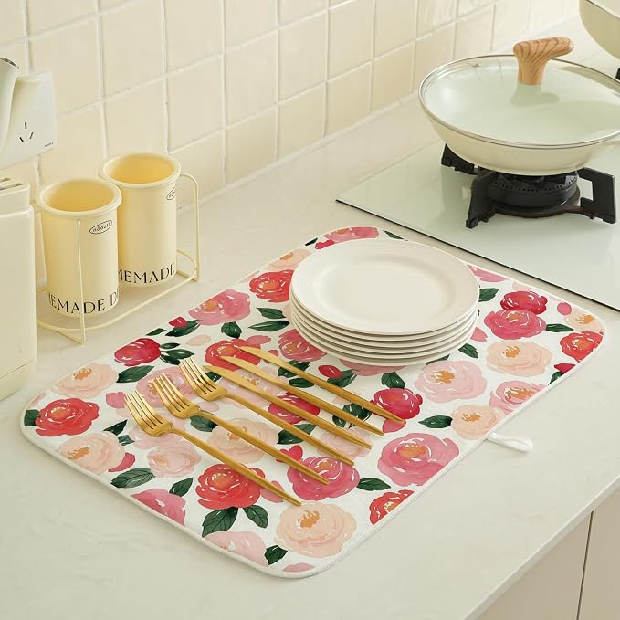 Floral Dish Drying Mat 18x24 Inch Watercolor Red Pink Flower Drying Mat Vintage Spring Summer Valentines Day Romantic Absorbent Dish Drying Pad Dish Rack Drainer Mats for Kitchen Dining Counter