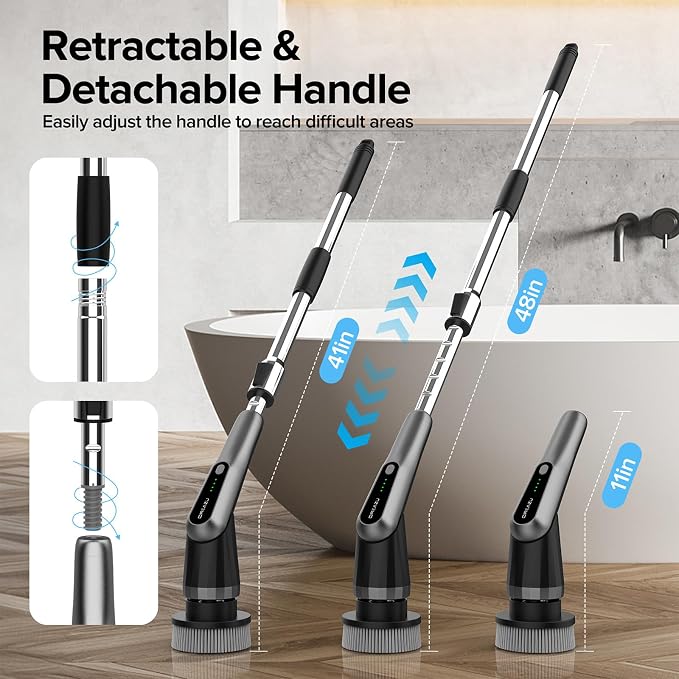 Electric Spin Scrubber, 10-in-1 Shower Scrubber & Retractable Long Handle, 44 lbs High-Torque & Variable Speed Shower Cleaning Brush for Bathroom,Toilet, Bathtub, Kitchen, Tile Floors,