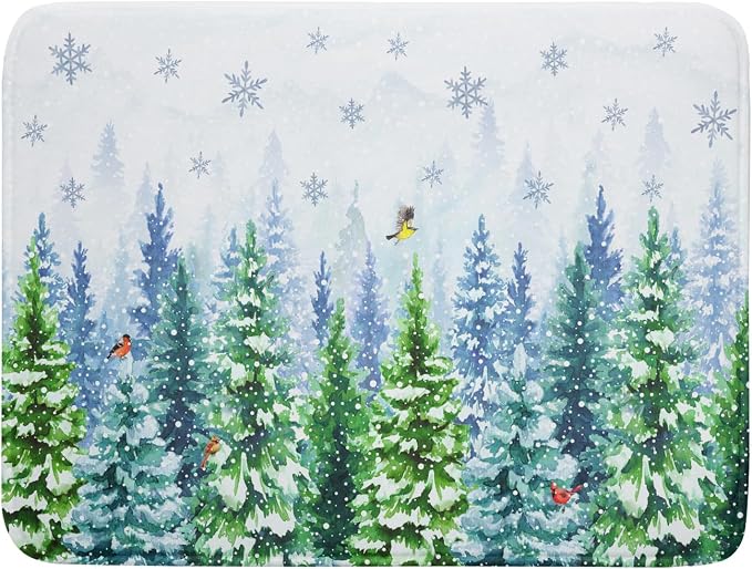 Winter Forest Dish Drying Mats - Snowflake Birds Dish Drainer Mat 18x24 Welcome Christmas Dish Draining Mat Watercolor Wildlife Tree Drying Pad for Kitchen Counter Sink