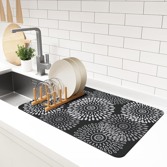 LuxStep Dish Drying Mat Super Absorbent Kitchen Counter Mat Rubber Backing Draining Mat Easy to Clean Kitchen Accessories Dish Rack Pad for Dishes, Utensils, Countertops, Sinks 16" x 24" Black