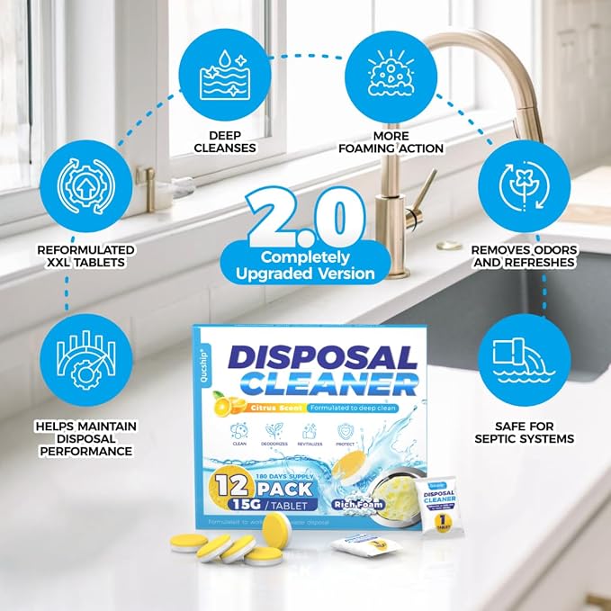 Garbage Disposal Cleaner Tablets, 12 Count, 6 Month Supply | Foaming Action, Food Residue and Buildup Cleaning, Hard-To-Reach Areas, Easy Drop-In Tablets, Reduce Disposal Odors