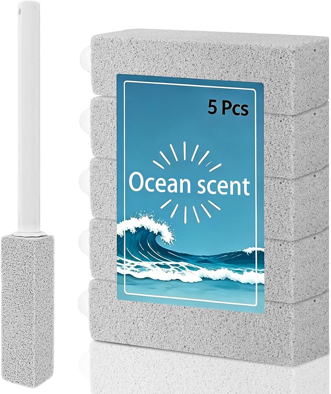HUFAND Pumice Stone Toilet Bowl Cleaner with Long Handle, 5 Replaceable Heads, Ocean Scent, Hard Water Ring Remover for Grills, Tiles, Bathtubs, Sinks