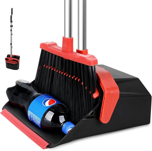 Broom and Dustpan Set for Home, 51" Long Handle Standing Dustpan Black Red | Self-Cleaning Dust Pan and Brooms, ZeroGap Lip, Upright Storage Broom Combo for Kitchen Lobby Office Restaurant Indoor