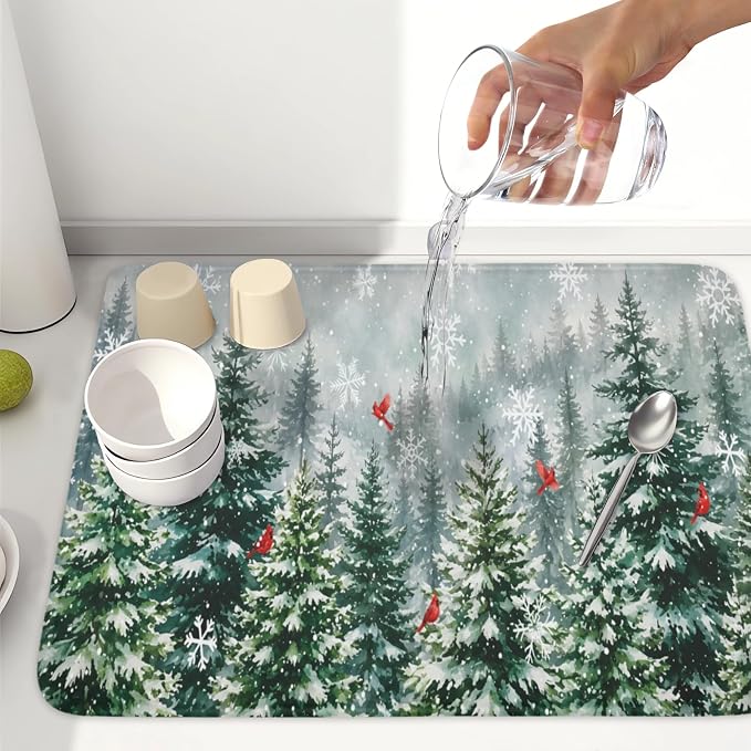 Winter Forest Snowflake Dish Drying Mat for Kitchen Counter 18"x24" | Christmas Green Pine Trees Birds Dish Drainer Mat Rustic Winter Holiday Absorbent Washable Drying Pad