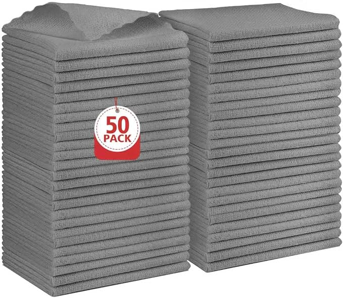 Orighty Microfiber Cleaning Cloth Bulk, 50 Pack Shop Towels, Reusable Cleaning Rags, Lint Free Microfiber Towels for Cars, Home & Kitchen, 12x12 Inch, Grey