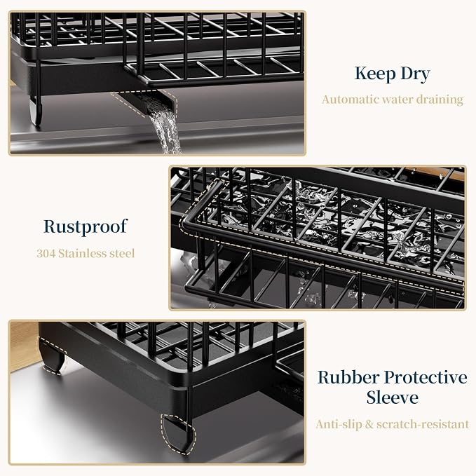 Consumest Sponge Holder for Kitchen Sink - Auto Draining Sink Caddy Organizer with Detachable Rack, High Brush Holder, Kitchen Countertop Storage Accessories, Black