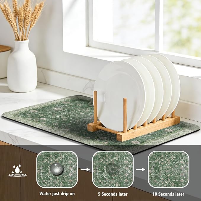 Dish Drying Mat, Vintage Rustic Boho Kitchen Dishes Absorbent Pad, 17x32in | Eco-friendly diatomite with non-slip rubber backing. Super absorbent mat for kitchen counters, coffee bars & sinks