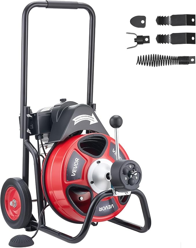 VEVOR Drain Cleaner Machine 100 FT x 3/8 Inch, Auto Feed Sewer Snake Auger on Wheels, Portable Drain Cleaning Machine with 4 Cutters & Air-activated Foot Switch for 2" to 4" Pipes