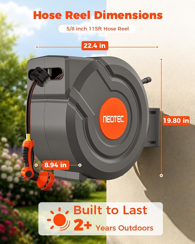 5/8 in 115 ft Retractable Garden Hose Reel with 9-Pattern Sprayer Nozzle | Any Length Lock, Auto Slow Return, 180° Swivel Mount, UV Resistant, Heavy Duty