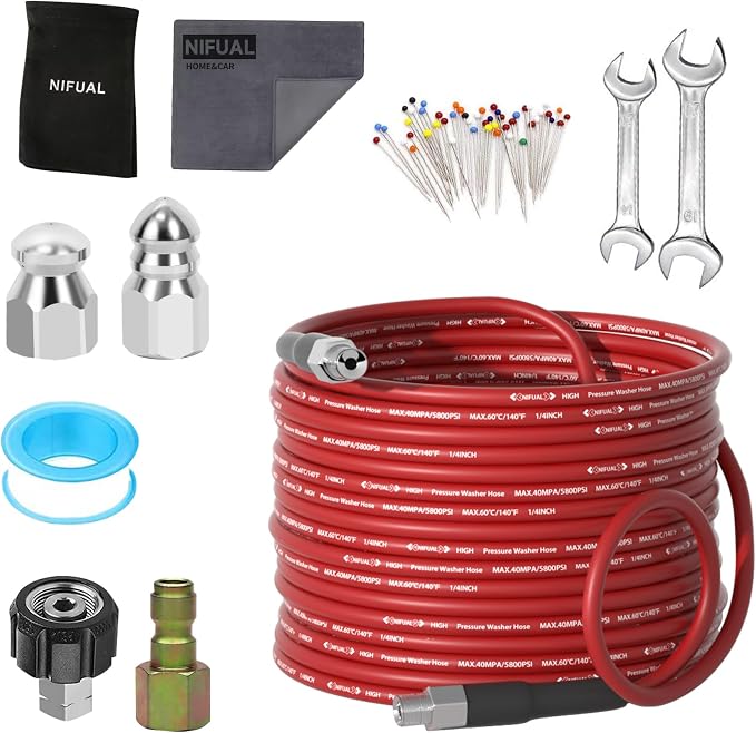 NIFUAL Sewer Jetter Kit for Pressure Washer,25FT 5800PSI Pressure Drain Cleaner 1/4 Inch NPT Corner Rotating and Button Hose Sewer Jetting Nozzle for Homeowners & DIYers (25FT)