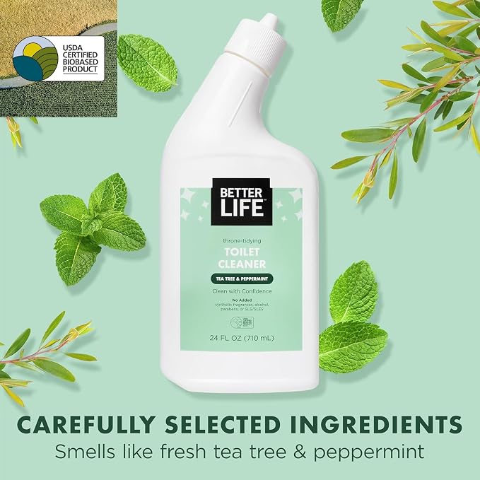 Better Life Toilet Bowl Cleaner, Plant-based, Stain & Odor Remover, Tea Tree & Peppermint Scent Cleaning Gel, Liquid Bathroom Cleaners for Household, 24 Oz, Pack of 2