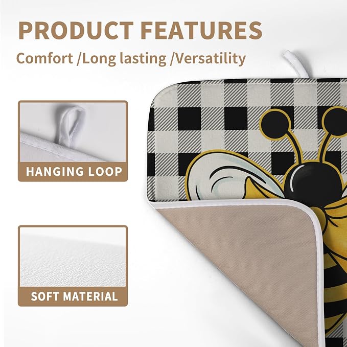 Summer Bumble Bee Drying Mat for Kitchen Counter 16×18 Inch Black White Buffalo Check Honey Bee Print Dish Drying Mats Kitchen Accessories Dish Rack Mat
