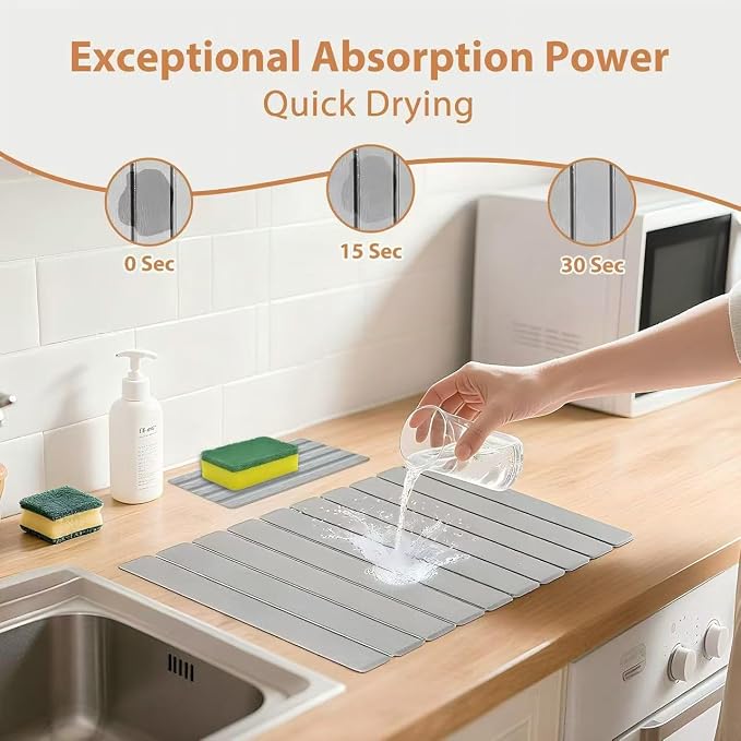 2 PCS Large Stone Dish Drying Mat for Kitchen Counter with Water Absorbing Sink Tray,24x16 Inch Foldable Diatomaceous Earth Dish Mat & 8x4 Inch Stone Coasters Tray,Super Absorbent Quick Dry