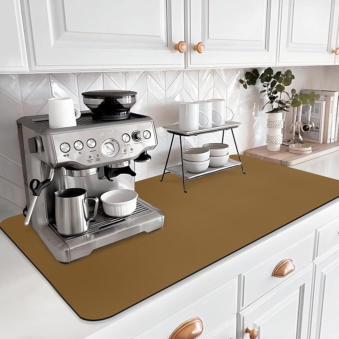 LOPNUR Kitchen Dish Drying Mat, 31.5"x17" Dish Drying Mats for Kitchen Counter, Diatomite Coffee Mat, Super Absorbent Dish Drying Pad, Heat Resistant Mat with Anti-slip Rubber Backed, Brown