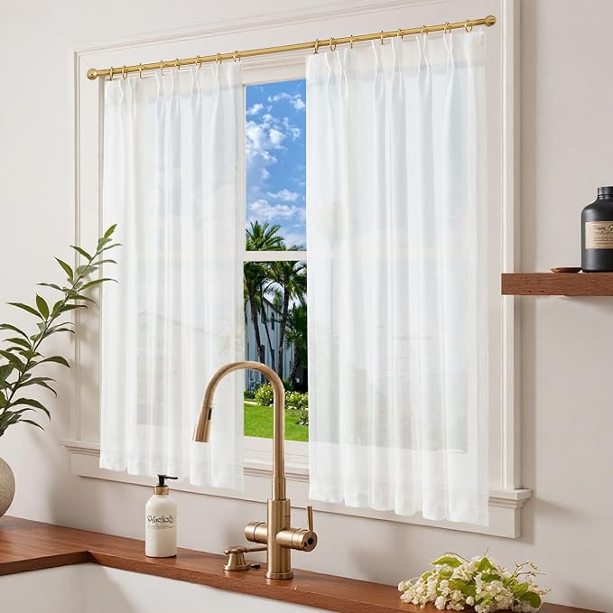 jinchan Linen Pinch Pleated Back Tab Tier Curtains, 38x54, 2 Panels, White | Light filtering,small window treatment,cafe curtains,machine washable,farmhouse,kitchen,bathrooms,laundry