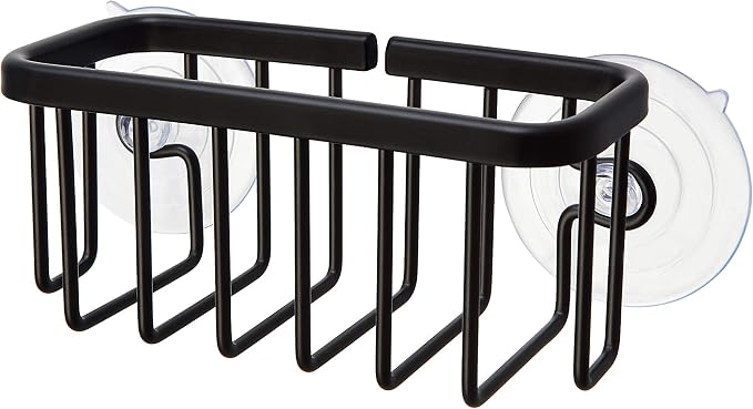 SunnyPoint NeverRust Kitchen & Bathroom Sink Caddy for Sponges, Scrubbers, Soap, 6" x 2.5" x 2.65", with Adhesive Mount - Additional Suction Cup Included –Aluminum (Black)
