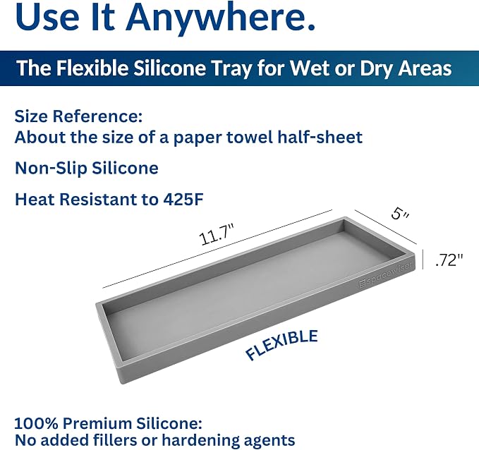 Spacewiser Countertop and Vanity Tray - 2 PC Large 11.7" Silicone Bathroom Trays, Counter Organizer, Dish Soap Sponge Holder Kitchen Sink Tray Organizer, Sink Caddy Toothbrush Key Kitchen Soap Trays