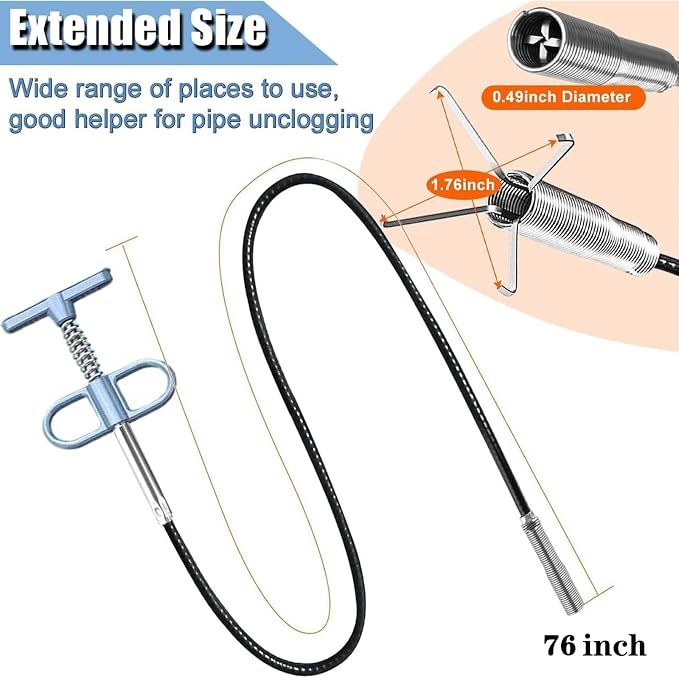 76 Inch Drain Snake Upgraded Ergonomic Grip – Toilet Snake Flexible Grabber Claw for Clog Remover & Pick Up Small Items