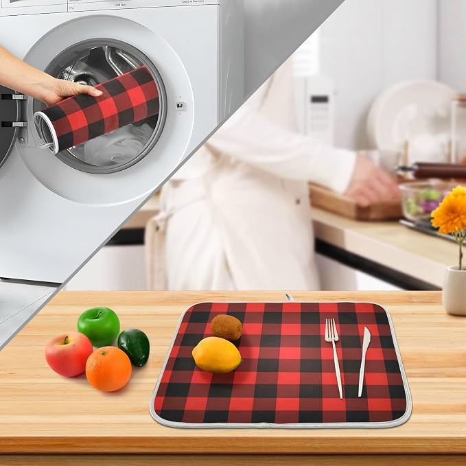 Christmas Red Black Buffalo Plaid Dish Drying Mat for Kitchen Counter Absorbent Microfiber Small Drying Pad Dish Mats for Kitchen Countertops 16 x 18 Inch