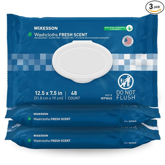 McKesson Washcloth Wipes, Scented, Adult Wet Wipes, 3 Pack, 144 Washcloths | Disposable Wash Cloths for Body, Disposable Wet Wipes for Adults, Alcohol-Free, No-Rinse Formula