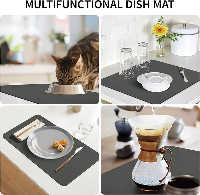 2-Pack Coffee Bar Mats Set for Countertop, 12" x 19” Super Absorbent Dish Drying Mat, Kitchen Counter Mat Fits Under Coffee Maker or Machine, Dark Gray Kitchen Decor for Dish Drying Rack