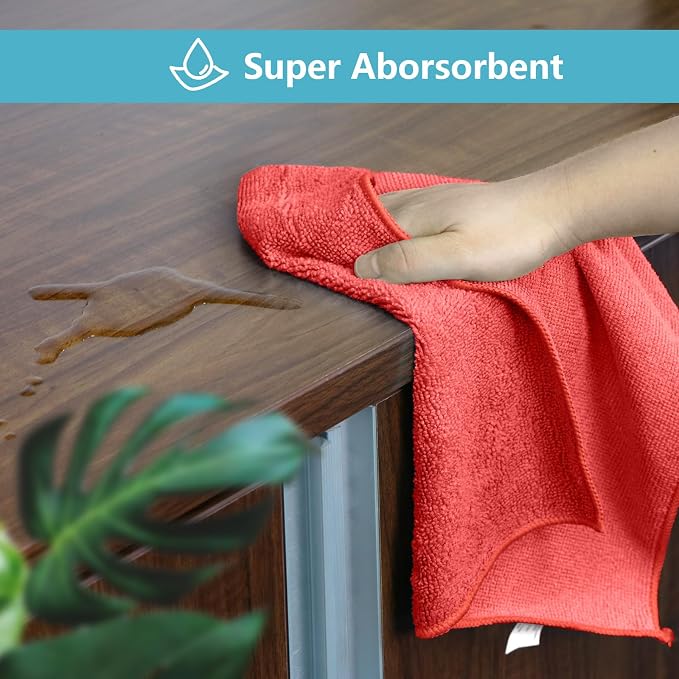HOMEXCEL 100PK Microfiber Cleaning Cloth, Cleaning Rag for Home, 11.5x11.5 | Reusable, Lint Free, Scratch-Free and Highly Absorbent Towels for Kitchen, Window and Glass, Cars, Red