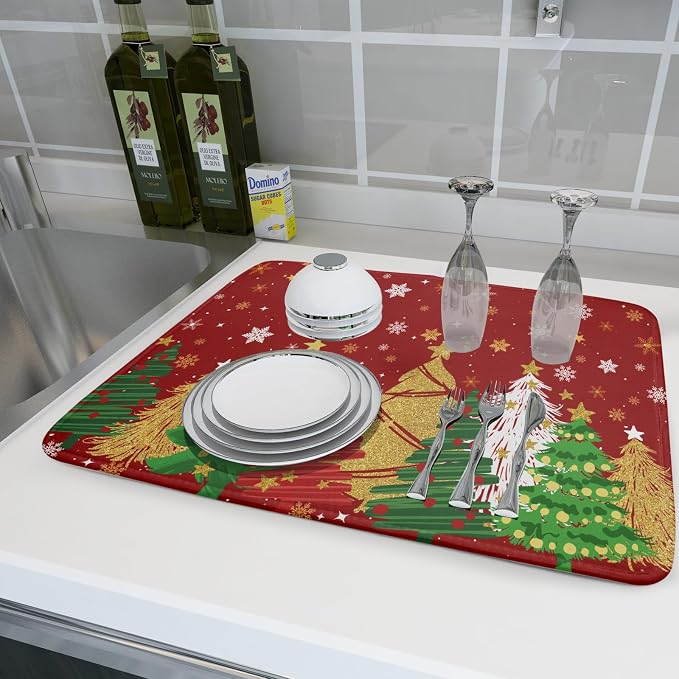 Christmas Dish Drying Mat for Kitchen Counter 18 x 24 Inch Xmas Snowflake Dish Drainer Mat Absorbent Microfiber Red Dish Rack Pad for Holiday Winter Coffee Dining Bar Decor