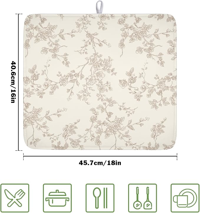 Brown and Cream Chinoiserie Floral Dish Drying Mat 16x18 Inch | Polyester，Absorbent Microfiber，for Kitchen Coffee Dining Bar Decor