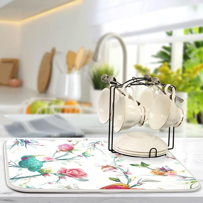 Absorbent Dish Drying Mat for Kitchen Counter - Watercolor Flowers and Birds Microfiber Drying Pad, Reversible Drainer Mats for Countertop, Small 16 x 18 inch