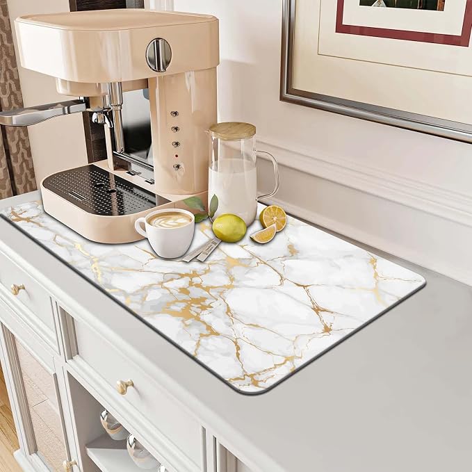 MCALK Marble White Coffee Mat for Kitchen Counter, Gold Dish Drying Pad with Anti-Slip Rubber Base, Absorbent Kitchen Sink Mat with Modern Art Decor, Marble White 12"x20"